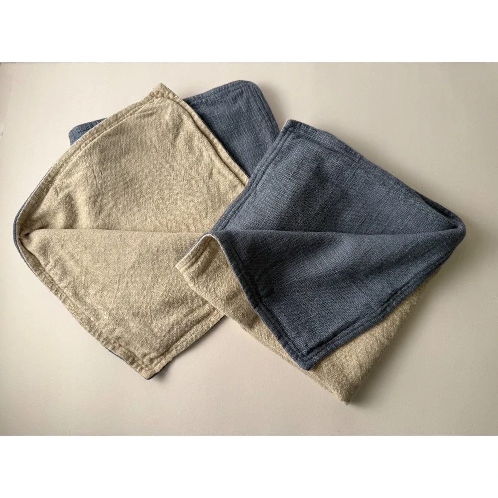 (2)Crate and Barrel 100% Flax Linen Square Pillow Shams Blue/Tan Zip EUC